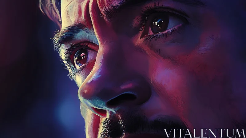 Close-up digital portrait renders emotional gaze in neon light