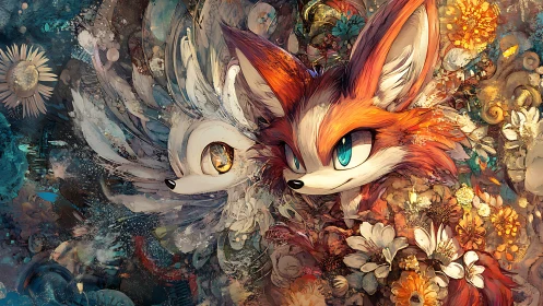 Twin fox-like creatures emerge from dense floral abstractions