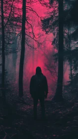 Silhouetted wanderer pauses where neon fog devours the forest