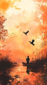 Fisherman drifts through blazing orange marsh at sunset.