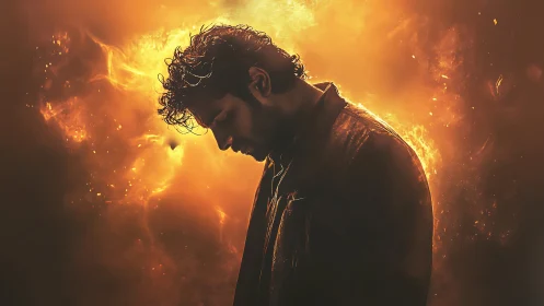 Backlit male silhouette immersed in cinematic fiery bokeh glow.