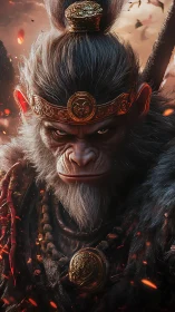 Mythic warrior monkey portrait with ornate golden armor.