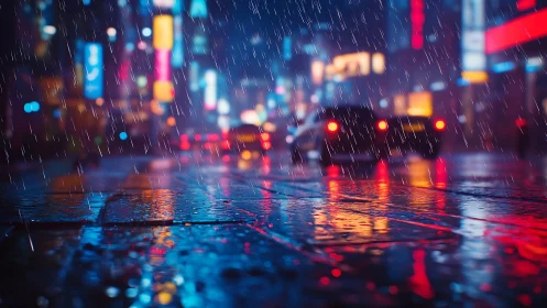 Rain falls on neon city street while cars drive through