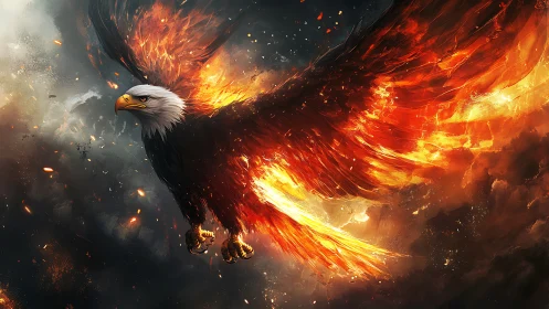 Majestic Bald Eagle with Fiery Wings in Dramatic Fantasy Art.