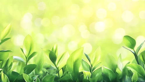 Fresh green leaves glow against soft bokeh light background