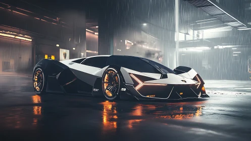 Futuristic hypercar in cinematic rain-soaked industrial hangar.