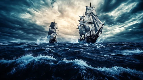 Storm-chasing tall ships carve a path through wild twilight seas.