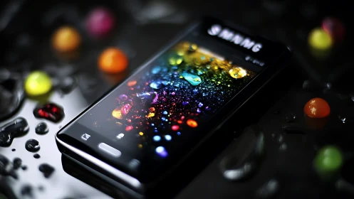 Samsung smartphone on wet surface with vivid screen colors.