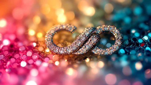 Macro photograph shows jeweled infinity clasp on sequins