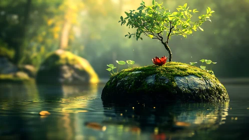 Tiny moss island supports tree and glowing lotus at dusk