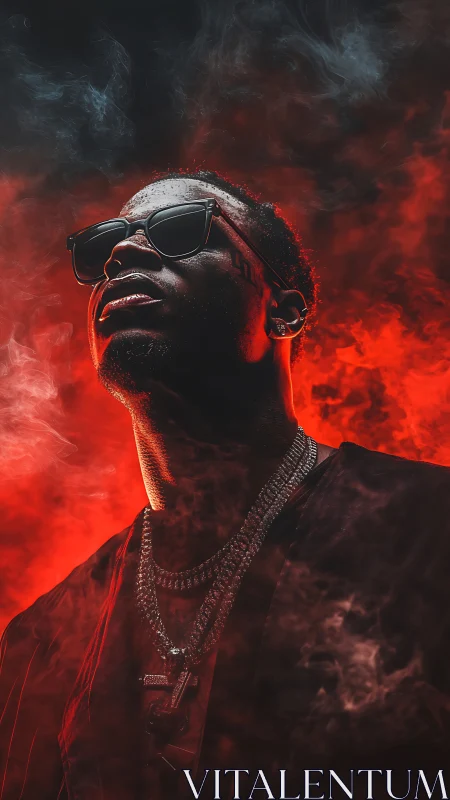 Moody portrait of man in sunglasses amid red smoke.