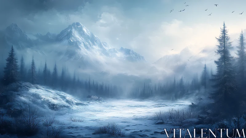 Digital painting of misted alpine valley and frozen river plain.
