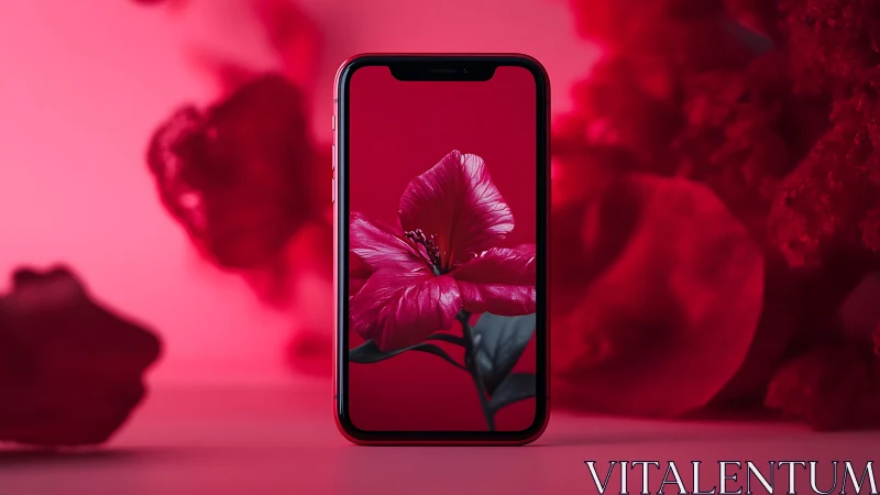 Smartphone displaying crimson hibiscus flower on pink background