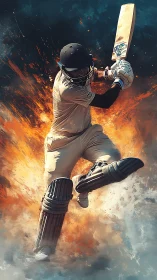 Dynamic cricket batsman mid-drive amid explosive paint burst