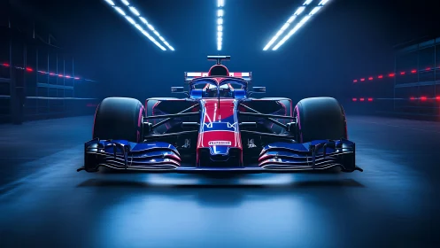 Front-facing Formula race car rendered in neon tunnel lighting