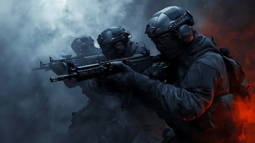 Tactical special forces advance through fog in tense formation