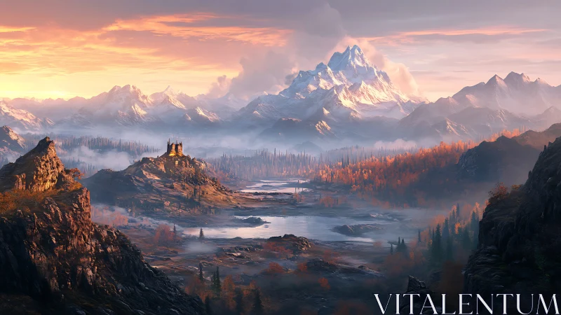 Fantasy mountain stronghold above misty autumn valley.