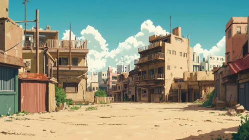 Urban courtyard shows low-rise residential buildings in sun