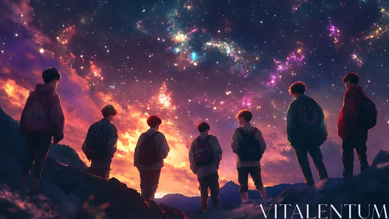 Seven silhouetted hikers observe luminous galactic sky