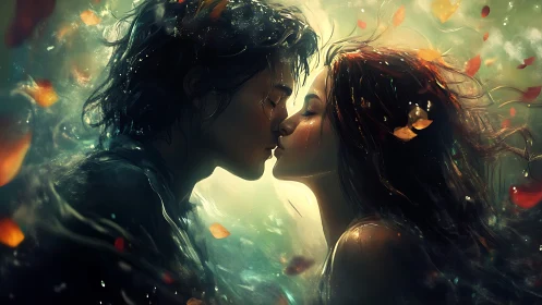 Two figures in profile positioned for kiss amid ethereal light effects