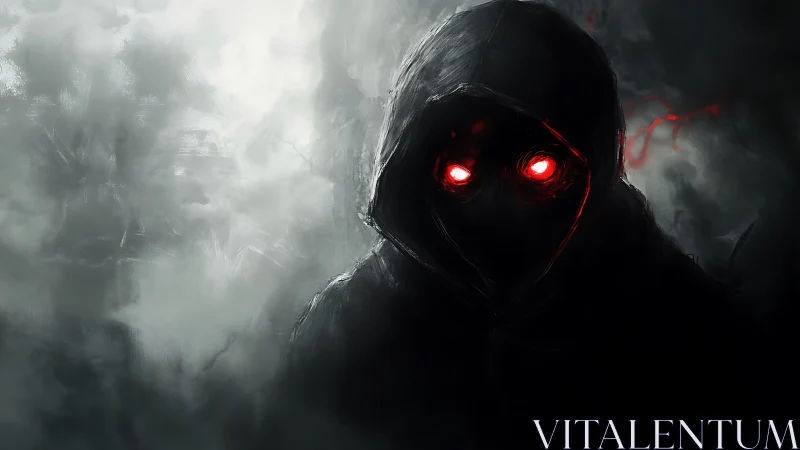 Hooded shadow figure stares forward with glowing red eyes