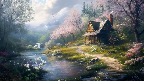 Riverside cottage in flowering woodland landscape at springtime.