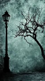 Streetlamp and winter tree silhouettes frame a moody nocturnal scene