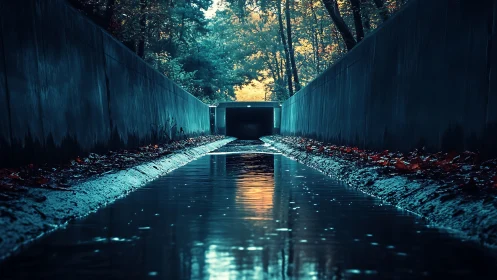 Moody drainage tunnel reflects autumn forest glow at dusk.