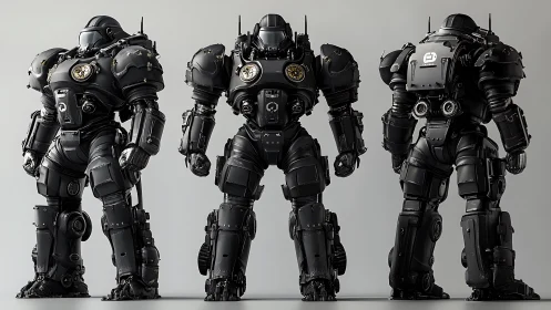 Triple-armored mechs quietly rehearse a steel ballet in studio light