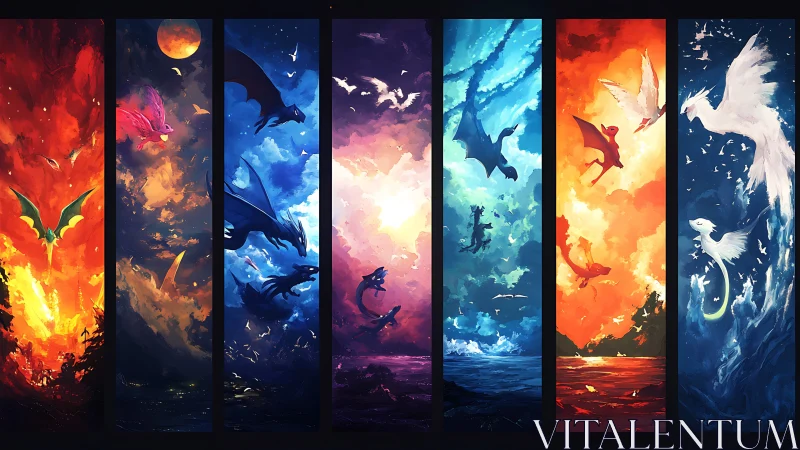 Soaring elemental dragons dancing through vivid skies.