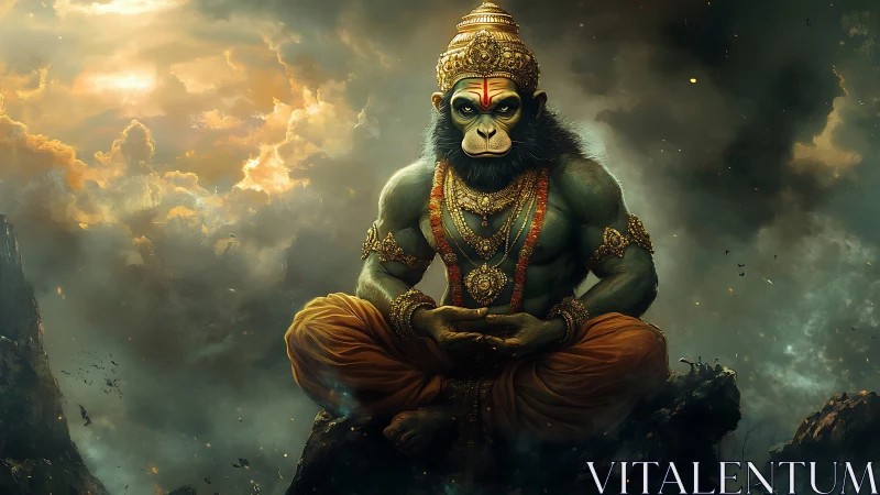 Mythic humanoid monkey figure meditates on rocky peak