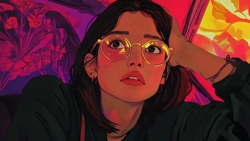 Dreamy girl in golden glasses under neon sunset glow.