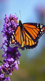Gentle monarch butterfly resting on vivid purple blossoms.