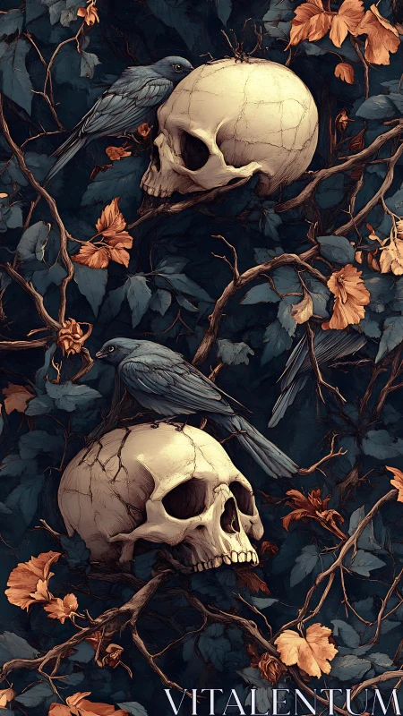 Skulls and crows entwine through dark autumn branches.