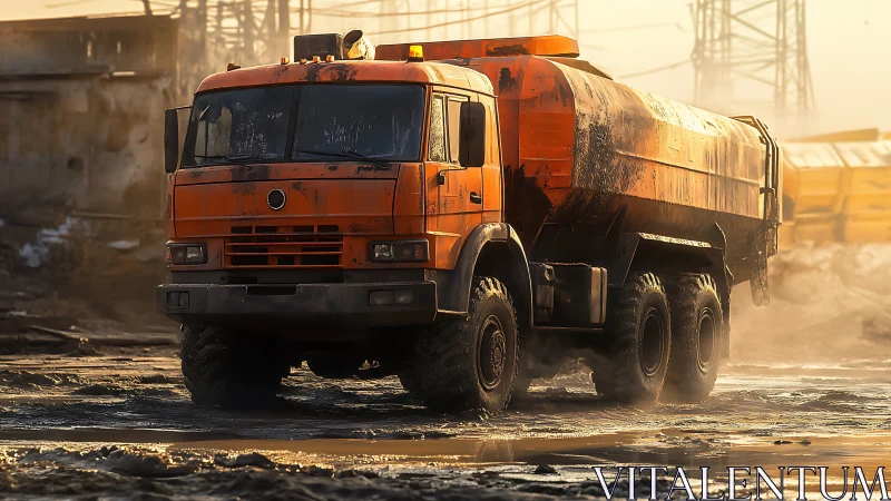 Mud-scarred orange tanker truck rumbles through molten sunset grit