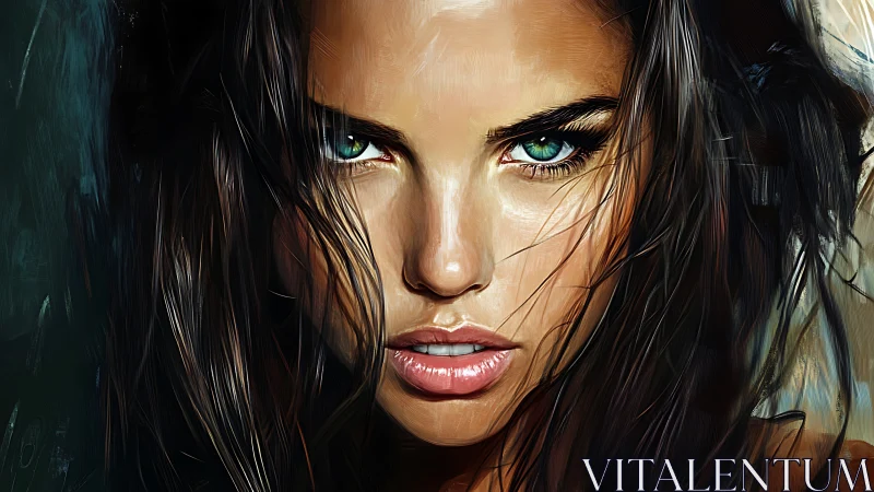 Intense digital portrait with piercing emerald eyes.