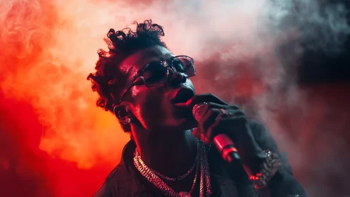 Backlit vocalist in saturated red stage haze, low-key portrait.