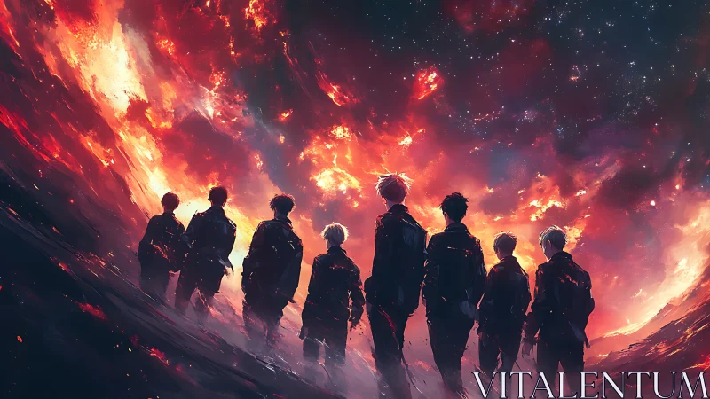 Stargazers at the ember horizon of a collapsing sky.