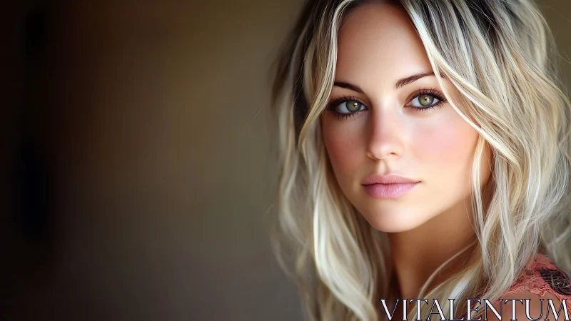 Soft-lit portrait of blonde woman with luminous green eyes.