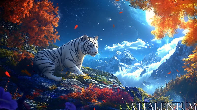 Starlit white tiger pauses where autumn cliffs meet cosmos