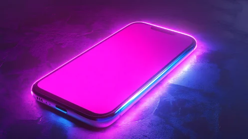 Neon lit smartphone on reflective surface in pink glow.