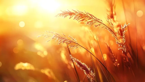 Backlit wild grasses in golden hour macro composition.