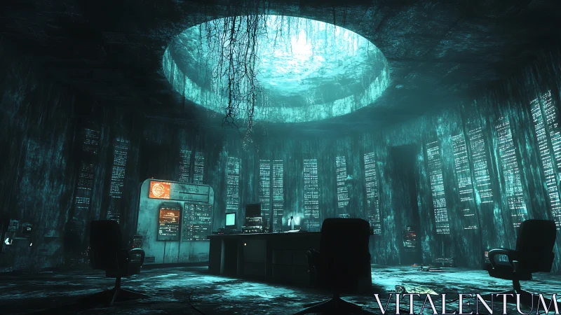 Underground control room shows decayed servers and icy light