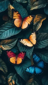Bright butterflies rest softly on deep emerald garden leaves