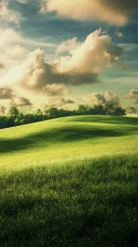 Sunlit green hillside glows beneath drifting summer clouds.