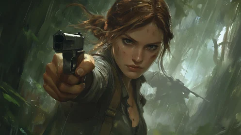 Woman aiming handgun in dense rain-soaked jungle environment.