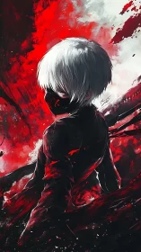 Masked white-haired fighter stands in violent crimson storm