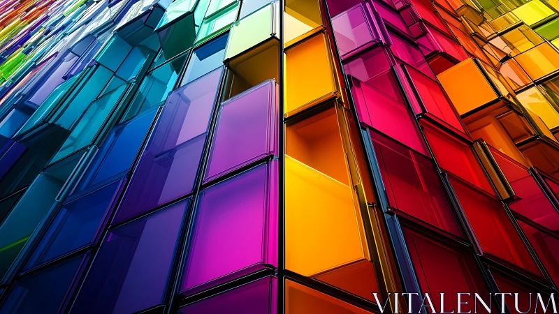 Chromatic glass cubes forming abstract vertical gradient wall.