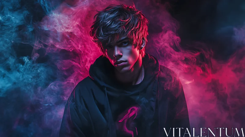 Neon backlit portrait sculpts moody contours in dense vapor