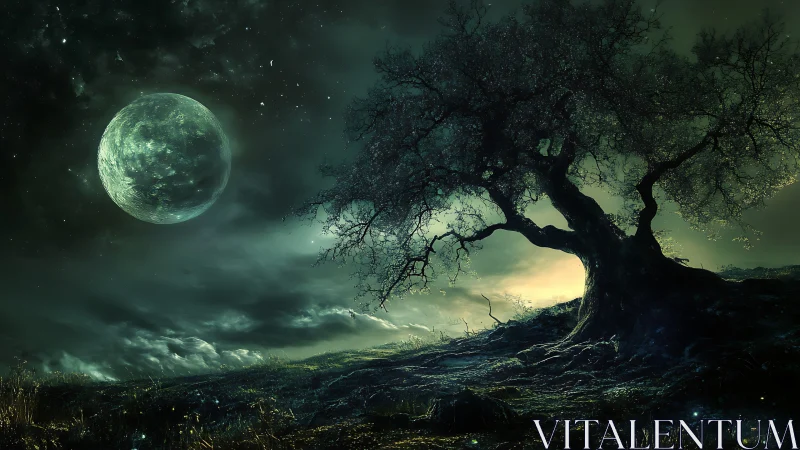Solitary tree on lunar-lit hillside under dark green sky.